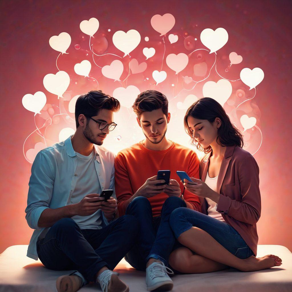 A couple sitting close together, each absorbed in their smartphones, with glowing hearts and chat bubbles floating around them, symbolizing digital connections. In the background, a soft blend of tech-inspired patterns and warm colors signifies the fusion of romance and technology. super-realistic. vibrant colors. minimalistic background.