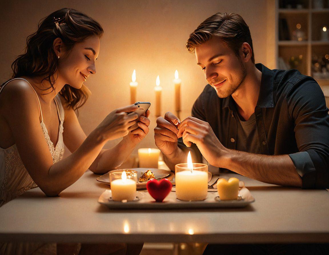 A cozy couple enjoying a romantic dinner, with soft candlelight and a glowing smartphone between them displaying a heart emoji. Surrounding them are subtle symbols of affection, like intertwined hands and heart shapes in the background. The scene captures warmth and connection, emphasizing the role of mobile technology in modern romance. super-realistic. warm color tones. soft focus.